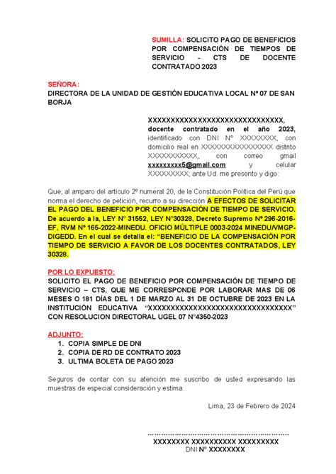 Solicitud DE PAGO DE Bonificacion DE CTS SUMILLA SOLICITO PAGO DE