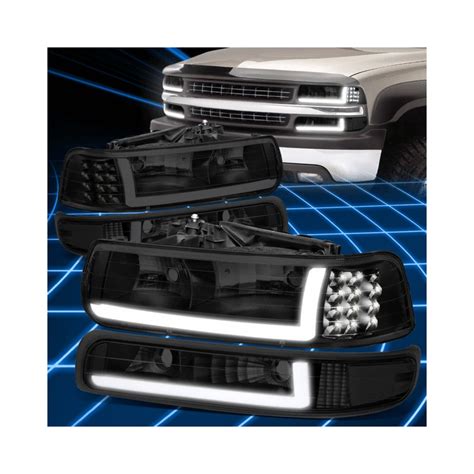 1999 2002 CHEVY SILVERADO BLACK SMOKE C BAR LED DRL HEADLIGHT COMBO