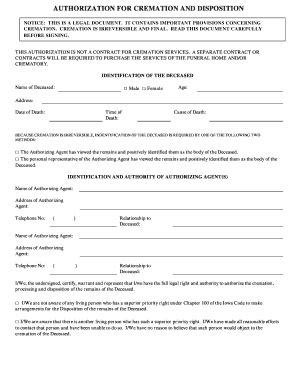 Fillable Online Cremation Authorization Form Moores Chapel Fax Email