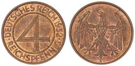 Weimar 4 Pfennig 1932 E J 315 Fast Stempelglanz Kupferpatina MA Shops