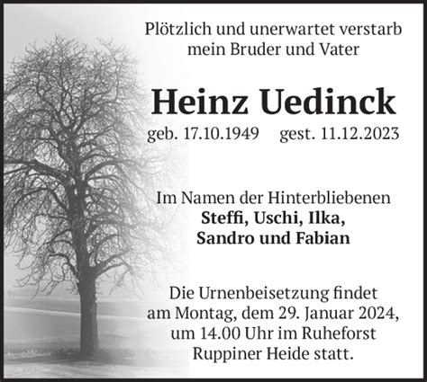 Traueranzeigen von Heinz Uedinck Märkische Onlinezeitung Trauerportal