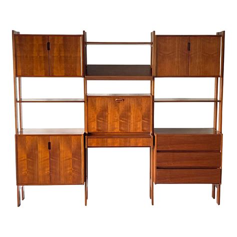 S Free Standing Mid Century Modern Walnut Bay Modular Wall Unit