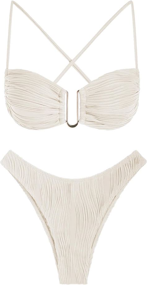 Amazon ZAFUL Women Bikini Sets Ribbed Texture U Metal Criss Cross