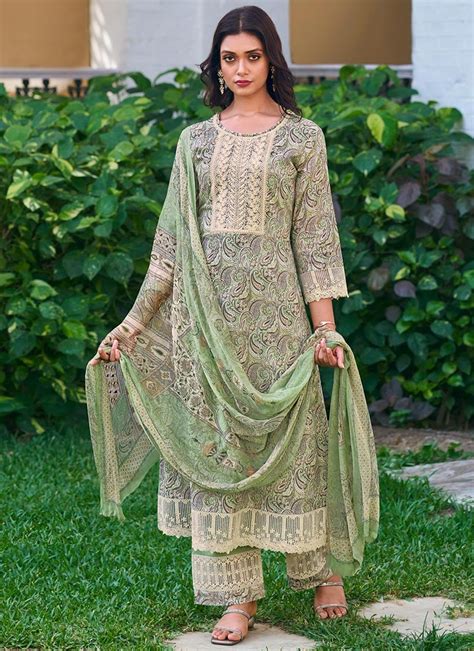 Buy Green Cotton Digital Printed Work Semi Palazzo Suit Work Wear