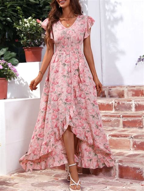 Shein Vcay Vestido De Bainha Enrolada Impress O Floral Cintura Franzida