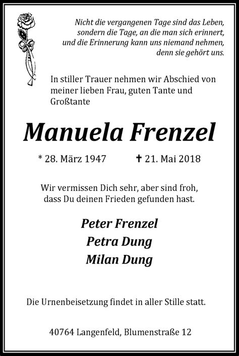 Traueranzeigen Von Manuela Frenzel Trauer In NRW De