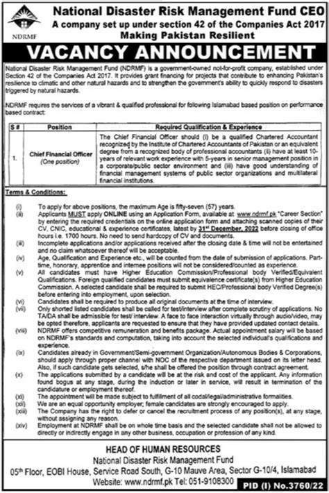 Chief Financial Officer Jobs In Ndrmf Islamabad 2024 Job Advertisement