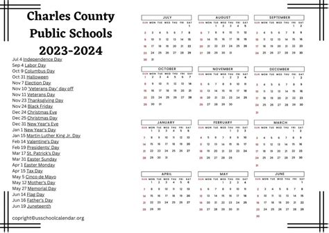 Charles County Public Schools Calendar with Holidays 2023-2024