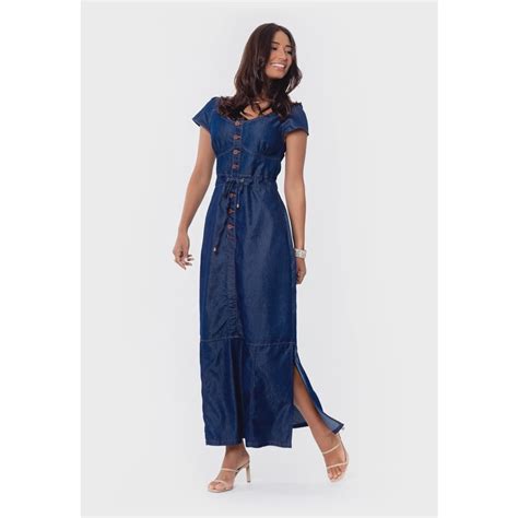 Vestido Jeans Longo Fenda Lateral Sem Elastano No Shoptime