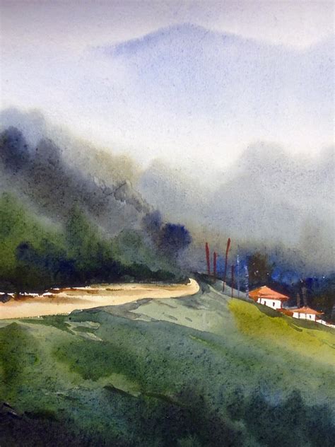 Himalaya Mountain Landscape Watercolor On Handmade Paper By Samiran