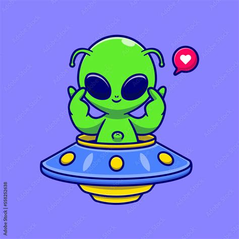 Cute Alien Riding UFO With Love Sign Cartoon Vector Icon Illustration