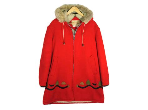 Vintage 1960s Hudsons Bay Red Parka Medium Wool Coat Canadian