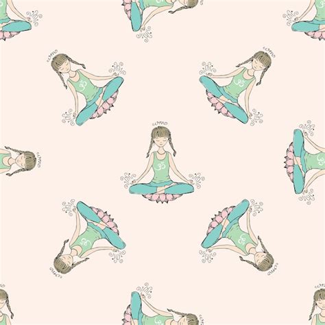 Premium Vector Girl In Lotus Yoga Pose Seamless Pattern Doodle Hand