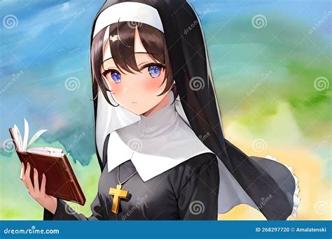 Cute And Shy Anime Manga Girl Dressed In A Nun Outfit Generative AI