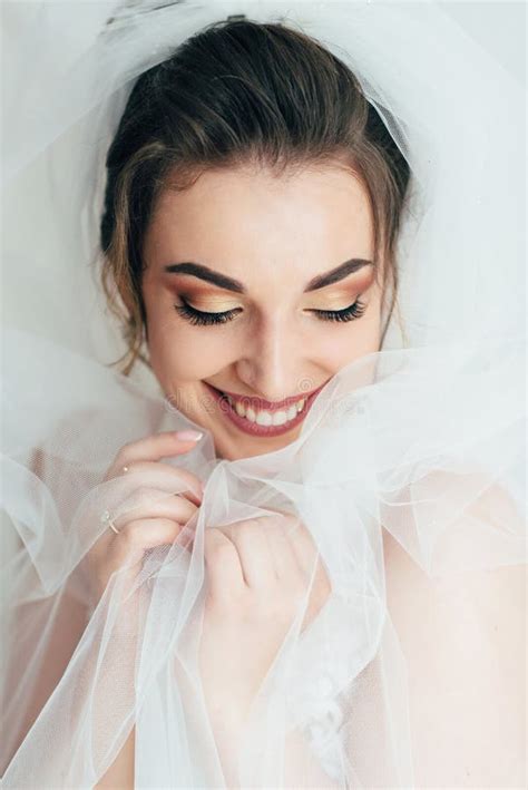 Beautiful Happy Bride With Wedding Hairstyle Bright Makeup In Bridal Day Stock Image Image Of