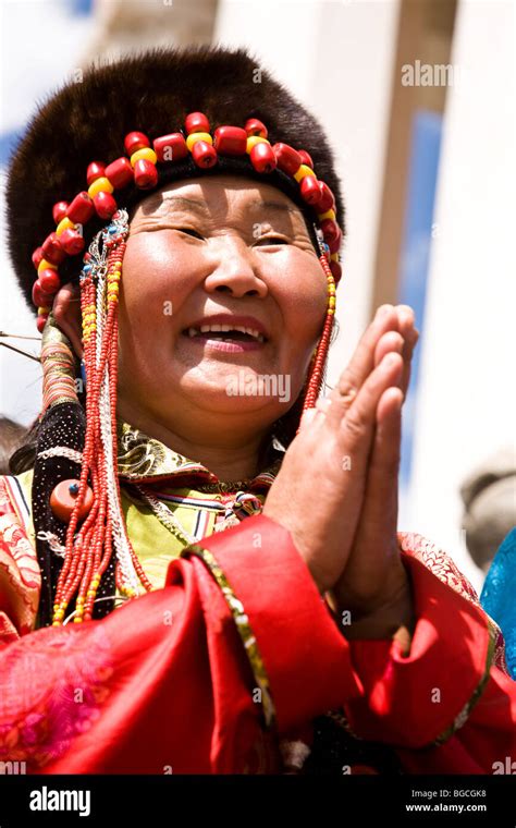 A Mongolian Woman In Traditional Ethnic Costume Naadam Festival Ulaan Baatar Mongolia Asia Stock