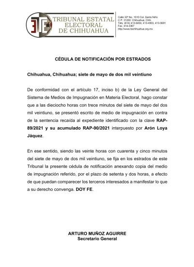 CÉDULA DE NOTIFICACIÓN POR ESTRADOS Chihuahua Chihuahua siete de