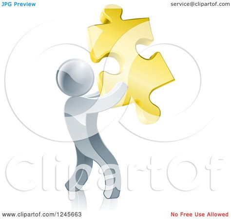 Clipart Of A 3d Silver Man Holding A Golden Puzzle Piece Royalty Free