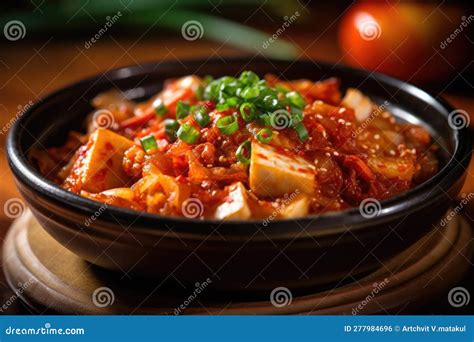 A Hot And Spicy Kimchi Stew With Tofu Pork And Vegetables Served In