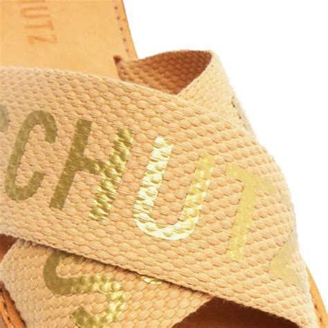 Sandália Rasteira Feminina Tiras Cruzadas Schutz S208890004 Nude Dourado Sapato Show