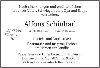 Traueranzeigen Von Alfons Schinharl Trauer Merkur De