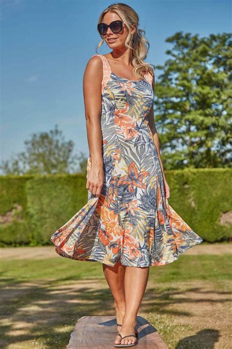 Tropical Print Fit And Flare Dress In ORANGE Roman Originals UK