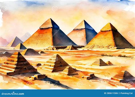 Watercolor Illustration Of The Great Pyramids Of Giza In Egypt Stock