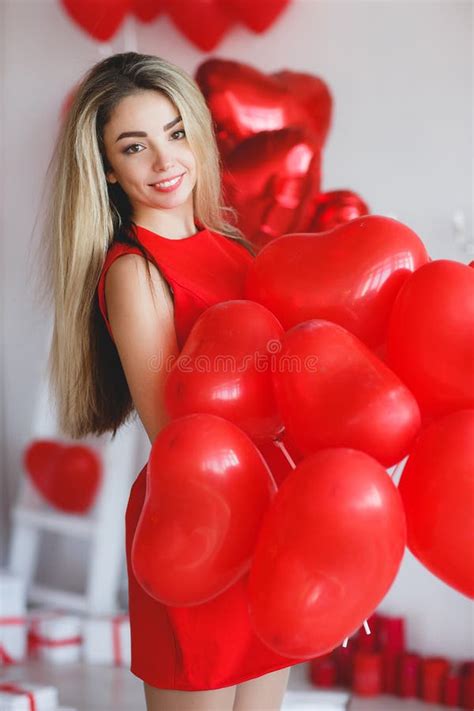 Beautiful Bright Woman With Red Balloons On Valentine S Day Stock Image