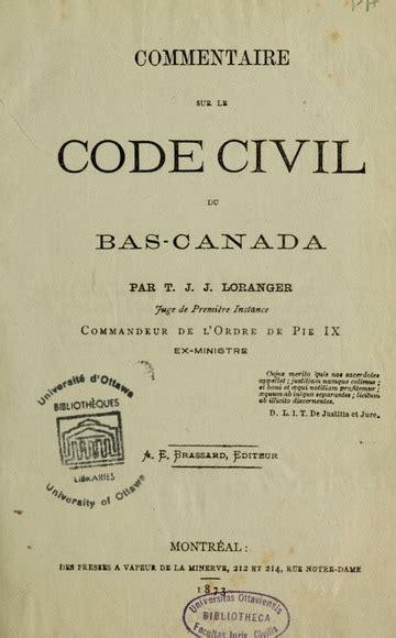 Commentaire sur le Code civil du Bas Canada Québec Province Free