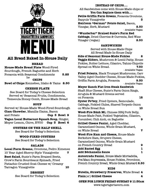 Tiger!Tiger!: Current Menu