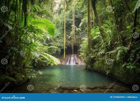 Majestic Waterfall Cascading Into Tranquil Jungle Pool Stock Photo