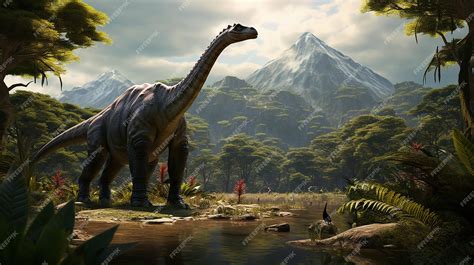 Premium Ai Image Brachiosaurus Reaching For Leaves In Prehistoric Forest