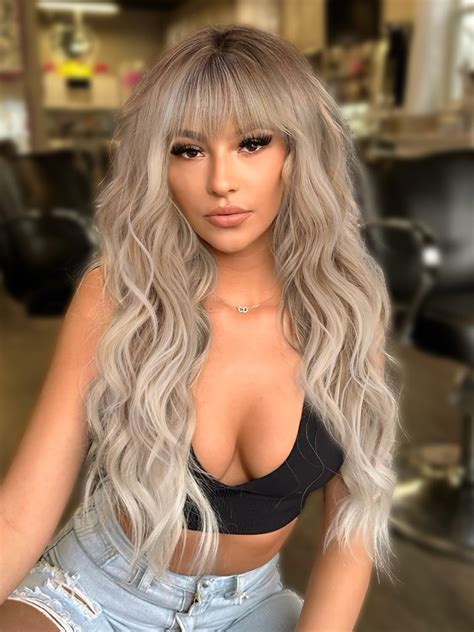 Qgz Blonde Wig With Bangs 26 Inch Synthetic Long Curly