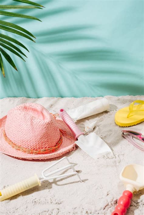 Sandy Beach With Towel Hat And Summer Accessories With Copy Spa Stock Image Image Of Exotic