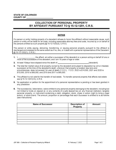 Free Colorado Small Estate Affidavit Form Pdf Word