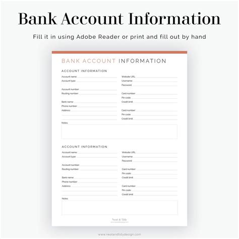 A Bank Account Information Form With The Text Bank Account Information