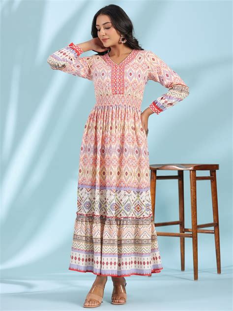 Buy Juniper Off White Ethnic Motifs Printed Gathered Smocked Maxi Dress