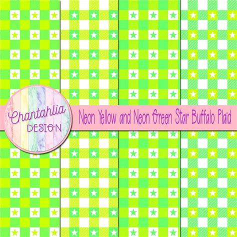 Neon Yellow And Neon Green Star Buffalo Plaid Digital Papers