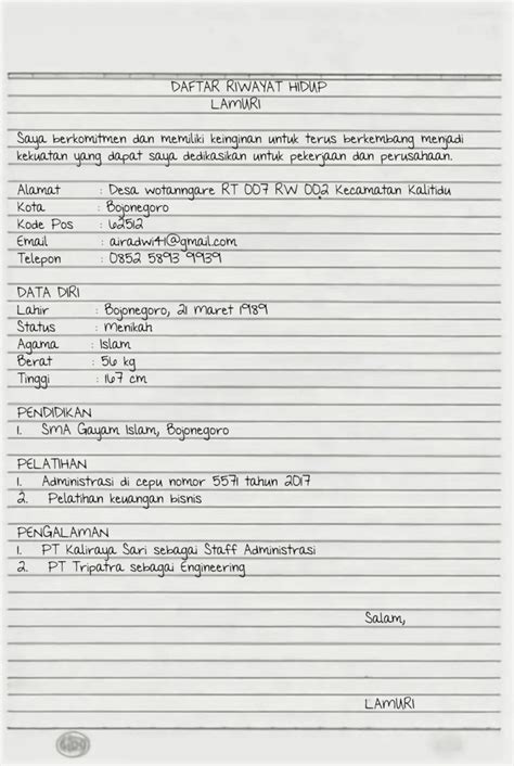 5 Daftar Riwayat Hidup Tulis Tangan Yang Baik Dan Benar