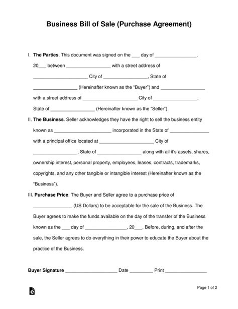 Free Business Bill Of Sale Form Purchase Agreement Word Pdf For Promise