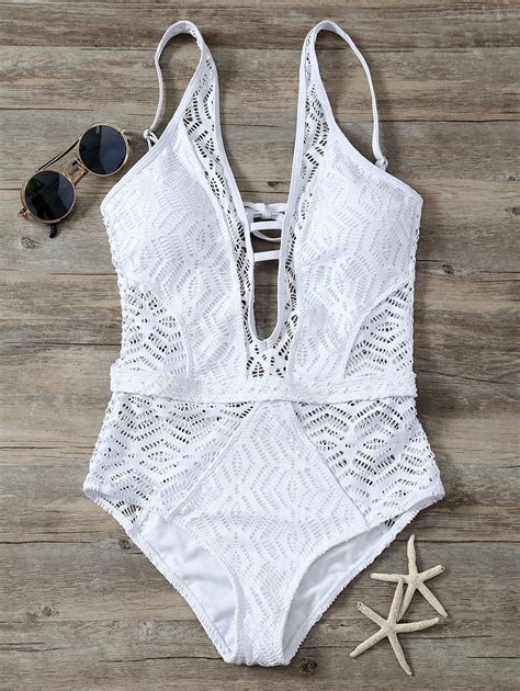 [41 Off] 2021 Cutout Backless Lace One Piece Swimwear In White Dresslily