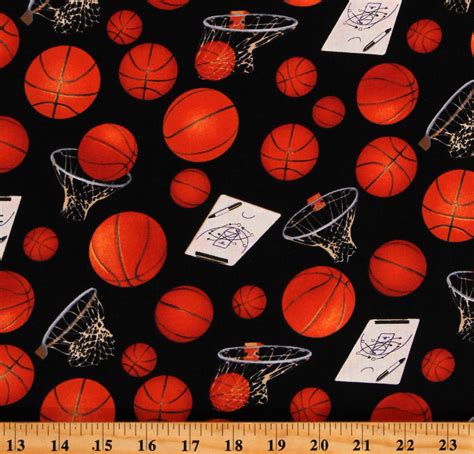 Cotton Basketballs Sports Player Game Black Cotton Fabric Print By The