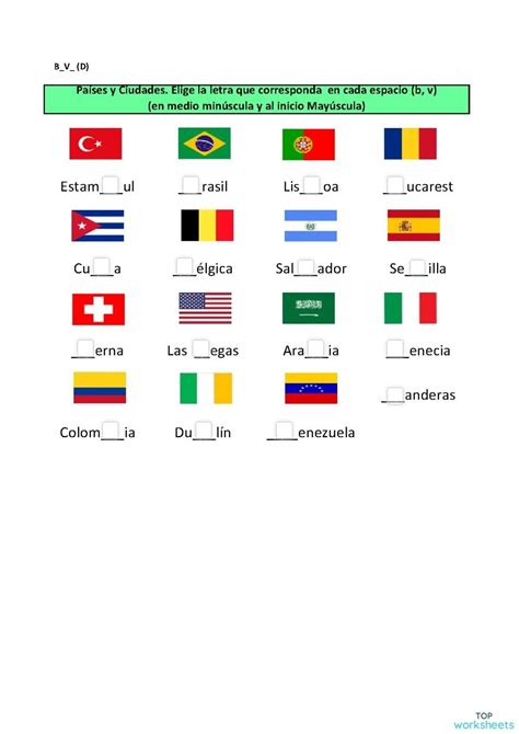 Ficha para imprimir Países y ciudades con V o B Página 1 TopWorksheets