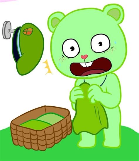 A Cartoon Bear Holding A Green Bag Next To A Basket