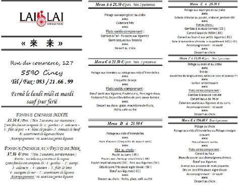 Menu Au Lai Lai Ciney