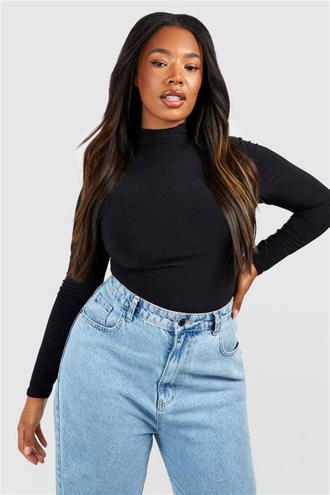 Black Plus High Neck Long Sleeve Top Boohoo Uk