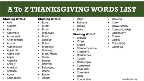 A To Z Thanksgiving Words List Heartfelt Words Engdic