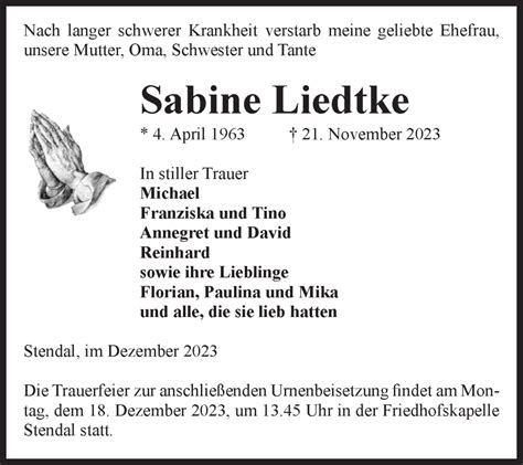 Traueranzeigen Von Sabine Liedtke Abschied Nehmen De