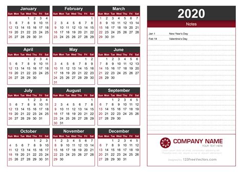 2020 Yearly Calendar Printable Free