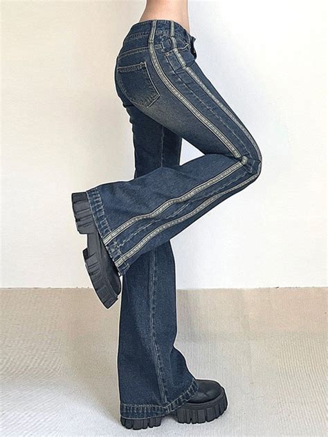 Emmiol Free Shipping 2024 Panel Striped Vintage Flare Jeans Blue S In